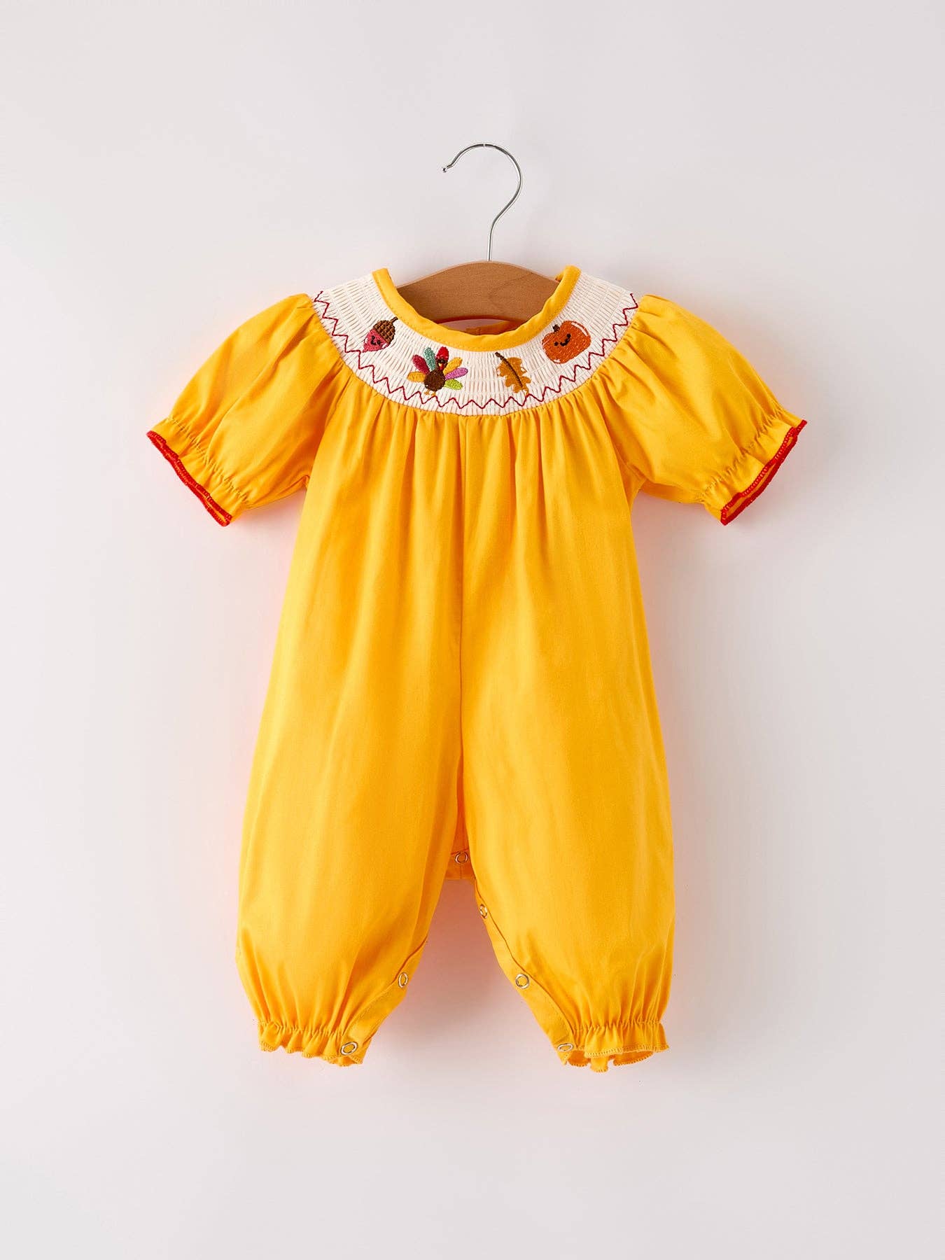 Thanksgiving Smock Embroidered Yellow Baby Girl Romper