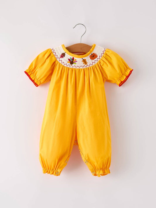 Thanksgiving Smock Embroidered Yellow Baby Girl Romper