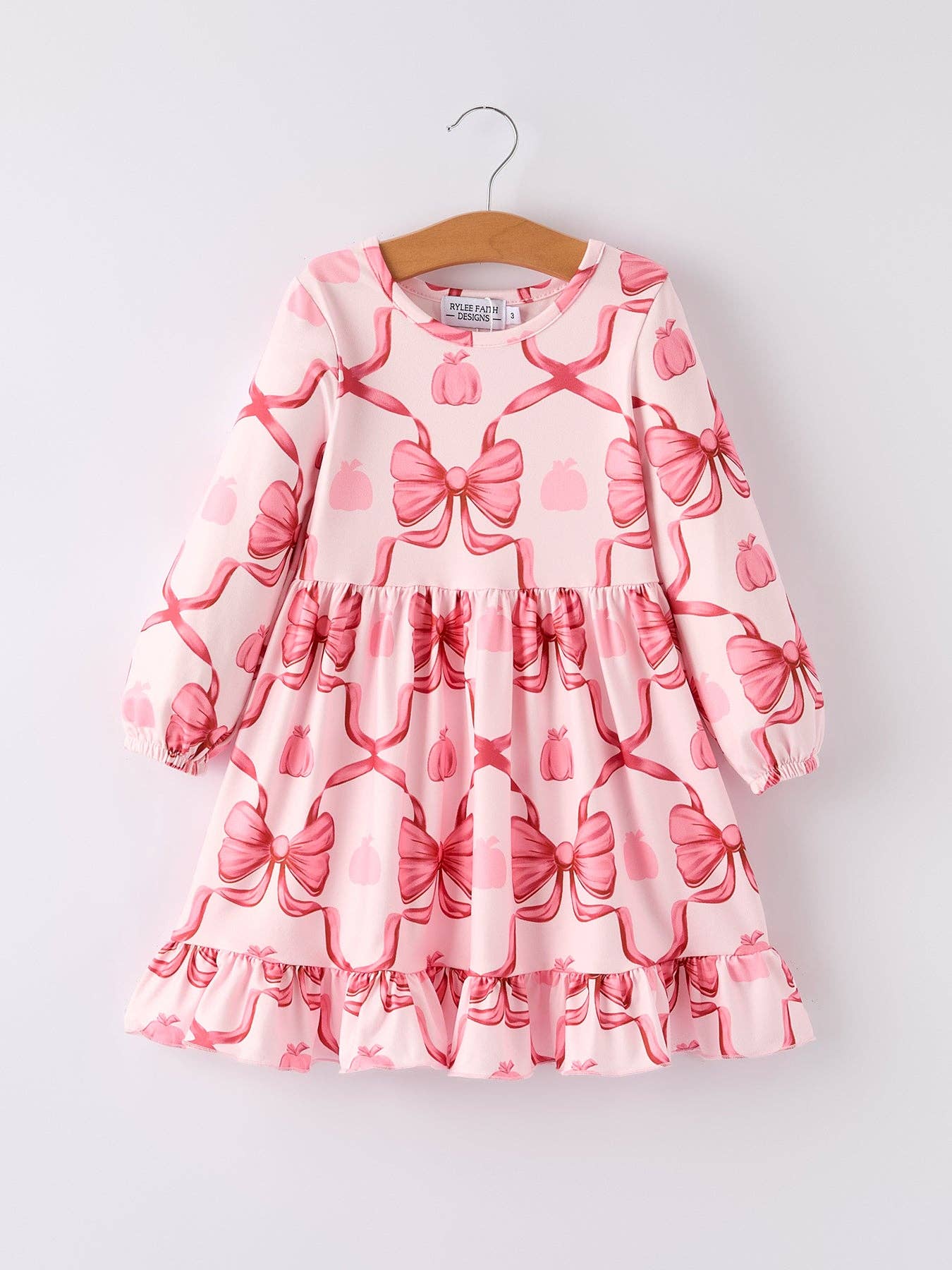 Autumn Bow Print Girls Long Sleeve Dress